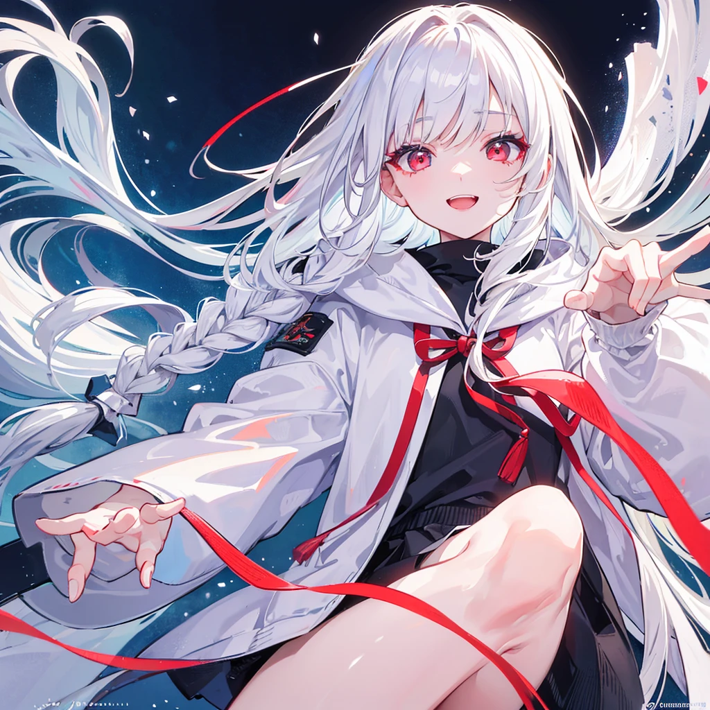 One person, High resolution, Simple Background, Anatomically correct, 最high quality, masterpiece, high quality, Very detailed, White Hair, Gradient color hair, Straight Hair, Open your eyes, Gradient eyes, Double teeth, Illustration, Character Design, Gaze, High-resolution model, detail, 高いdetail, Character portrait, Simple Background, school uniform, hoodie, One person, Anatomically correct, smile, Close your mouth, White background, Slim body, Side braids, Anatomically correct, high quality, Very detailed, Bangs, Bright Eyes, Red eyes, Detailed Eyes, , kind