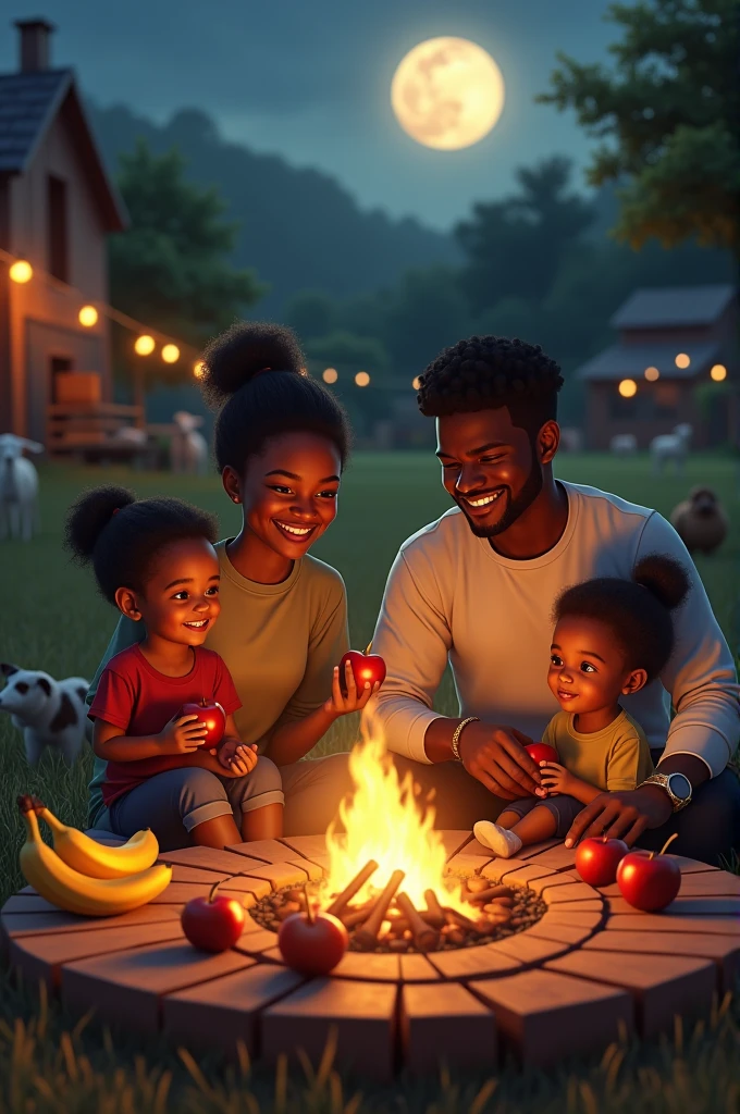 eune homme noir et son amoureux souriant accompagné de leur enfant jumeaux fille et garçon.
Il est écrit sur le t-shirt de l’homme Ivan et sur celui de la femme Florence
La tient une pomme à main et le une banane.
Il sont installés autour du feu dans leur beau jardin en pleine lune pour un cinéma en famille
Leur belle maison est entourée de ferme, des animaux domestiques ainsi que des arbres fruitiers
On peut observer des fruits et des brochettes à table