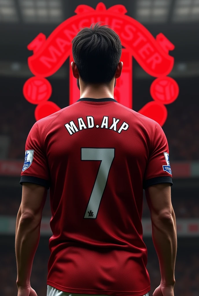Make a ronaldo not ronaldo name from a backside with 2008 Manchester united jersey and short same as same like Manchester and with the background of Manchester united logo and write the name on his shirt (MAD.AXP) and shirt no 7 and give red wine colour with Manchester United logo on background