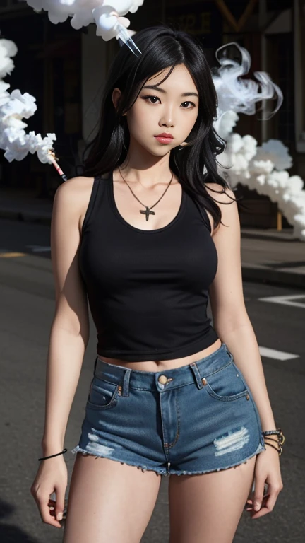 Highest quality,high resolution,２d,(Cel animation style),One woman,30 year old Asian female,(Straight long black hair),((Black tank top and denim)),((Shorts)),((holding a pistol in both hands)),(Skull Necklace),Black sneakers,(Beautiful face with slits 1.3)，Black wristband on left wrist,Beautiful Style,Glamorous Body,(Larger breasts),(((Holding a cigarette)))