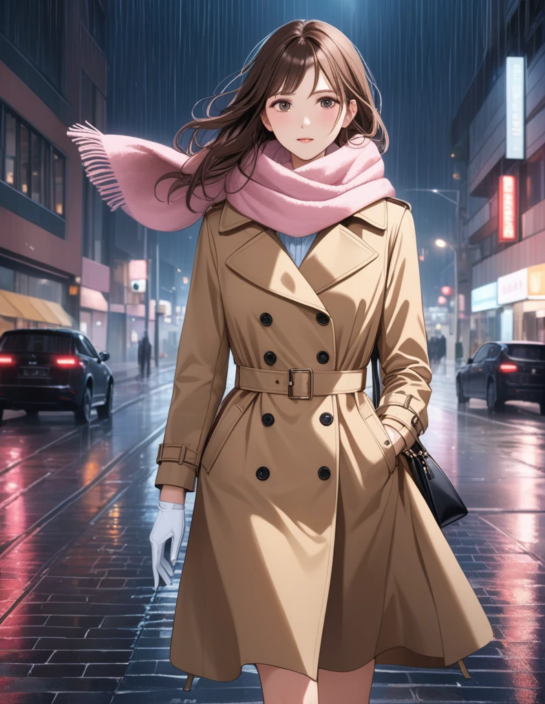 Masterpiece, hd, 1girl with long brown hair wearing a fully buttoned up closed and beige belted buckle knee-length trench coat with a tucked up large pink winter wool scarf and white gloves carrying her large pink purse blown by the hard wind at the hard rainy night city street full body 8k)