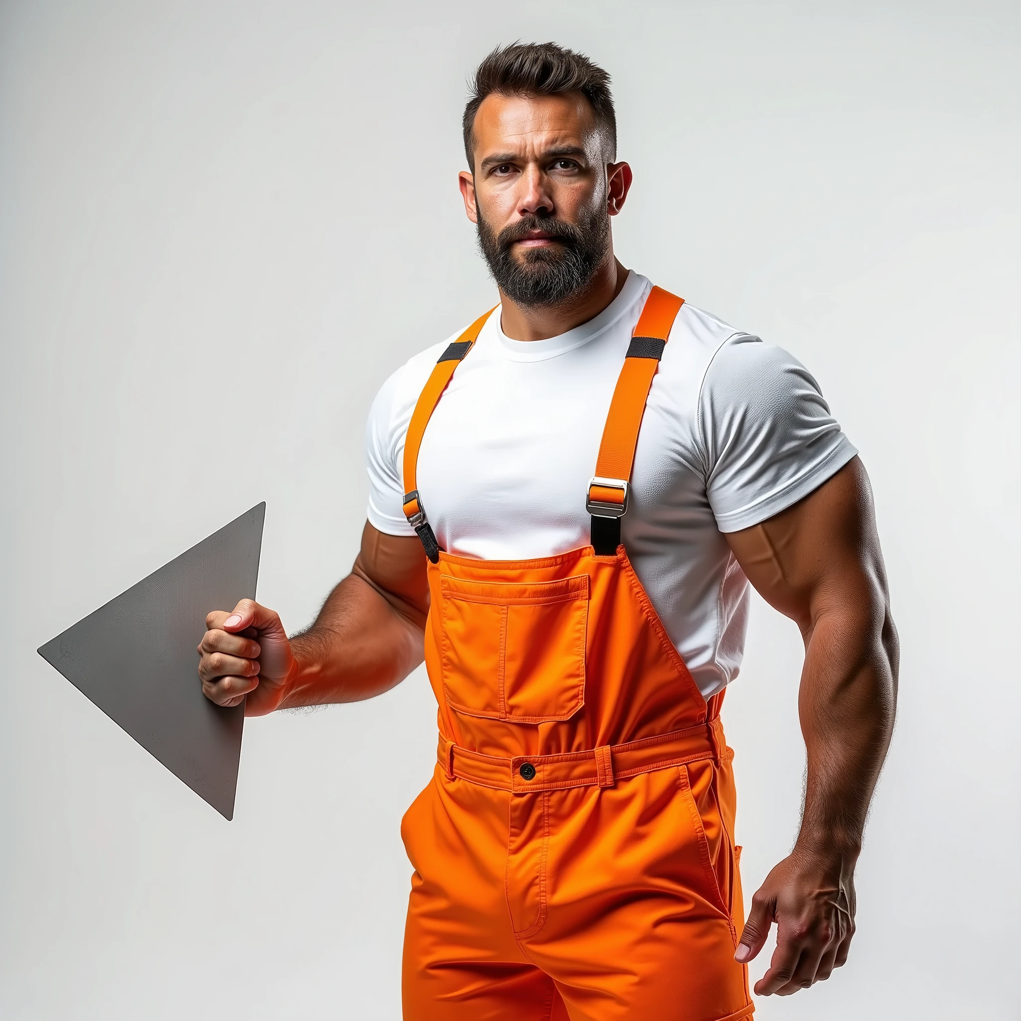 Strong Man in White T-shirt and Orange Construction Overalls, holds a triangular construction spatula in one hand, Studio Photography, studio lighting, realistic skin texture and detail, the man stands slightly sideways, background white uniform, The photo was taken from the waist up