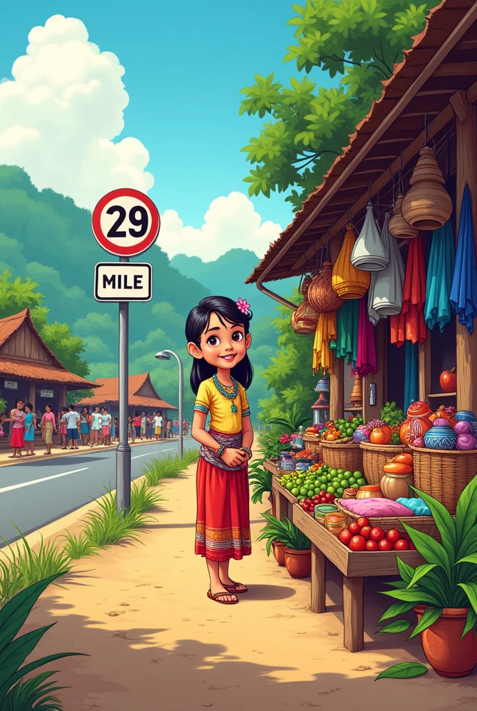 A cartoon picture of a 
Burmese girl is selling a market in front of a hut next to Mile 29 of the highway

