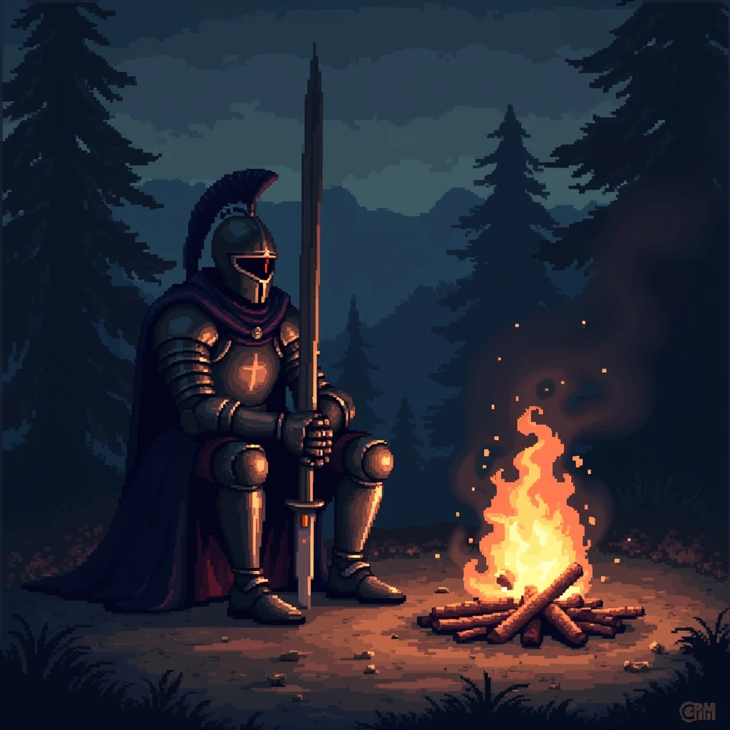 Very early in the morning, a knight in dark medium-heavy armor and a helmet with a long sword in both hands sits by a fire in pixel art