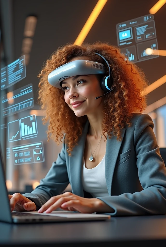 Create an image of a young woman resembling Andy Allo, working as a customer service representative in a futuristic setting. She has medium-length, curly hair with a golden brown hue and a warm skin tone. She is wearing a casual yet professional outfit, like a fitted jacket over a simple blouse. The setting around her is a high-tech office space with holographic screens and digital interfaces floating around her. She is seated at a sleek desk with a headset on, and her expression is focused yet approachable, capturing the charm and elegance similar to Andy Allo. The background features large windows showing a cityscape with tall buildings and a bright, clear sky.