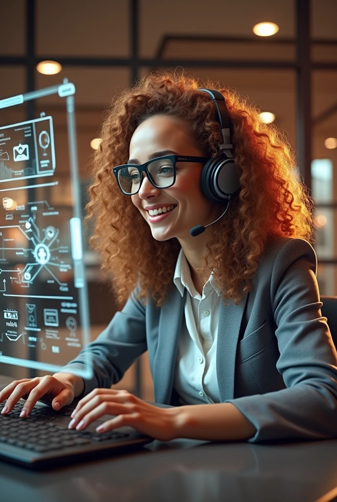 Create an image of a young woman resembling Andy Allo, working as a customer service representative in a futuristic setting. She has medium-length, curly hair with a golden brown hue and a warm skin tone. She is wearing a casual yet professional outfit, like a fitted jacket over a simple blouse. The setting around her is a high-tech office space with holographic screens and digital interfaces floating around her. She is seated at a sleek desk with a headset on, and her expression is focused yet approachable, capturing the charm and elegance similar to Andy Allo. The background features large windows showing a cityscape with tall buildings and a bright, clear sky.