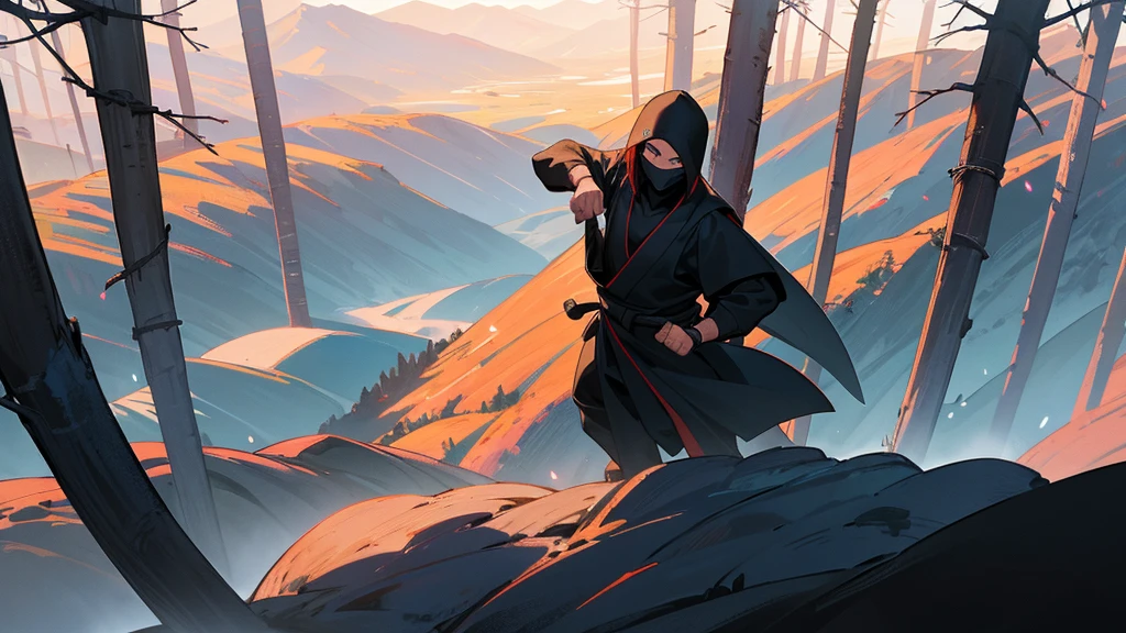 Balck ninja on peak of a giant treee in sun rise in forest and mountains ,rivers and fogg