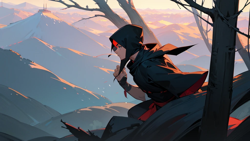 Balck ninja on peak of a giant treee in sun rise in forest and mountains ,rivers and fogg