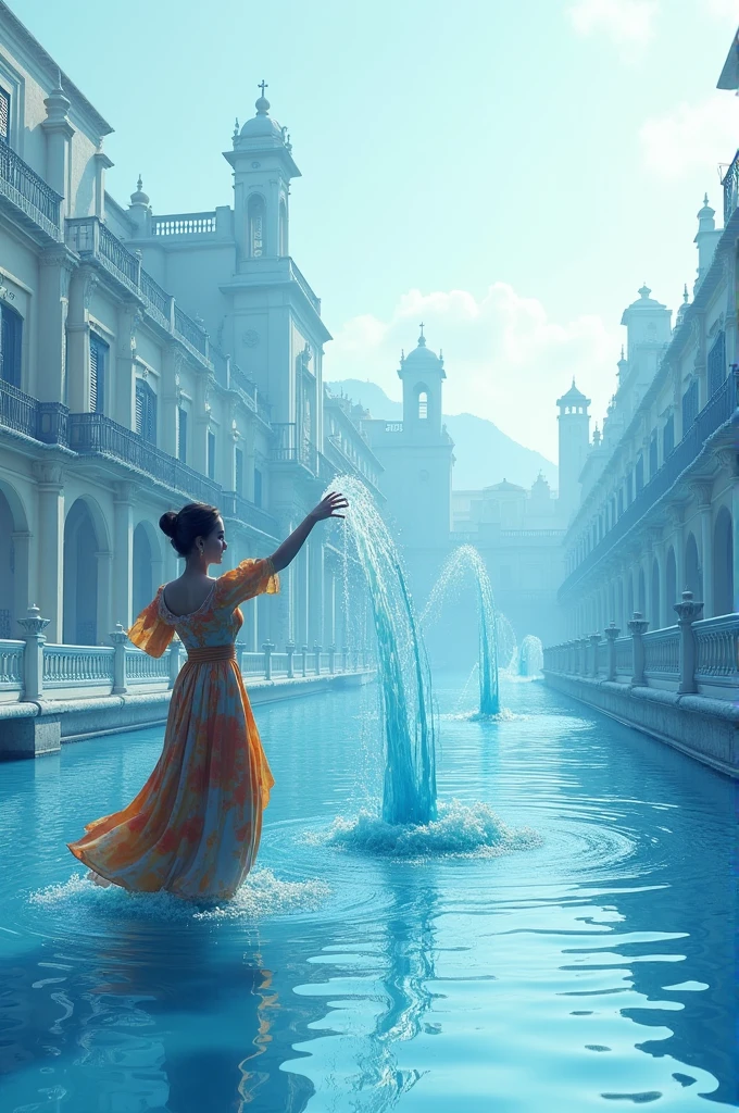 A scroll of paper with an illustration on it, featuring the cityscape and architectureof ancient Portugal. The entire scene is rendered as a three-dimensional model made from light blue glass material,with clear layers. in front of the buildings stands a Portuguese women dressed in Portuguese dress, playing water games and creatinga beautiful picture scroll, This artwork was created using C4D software to achieve a three-dimensional effect. ltfeatures a white background and has a flat design style.