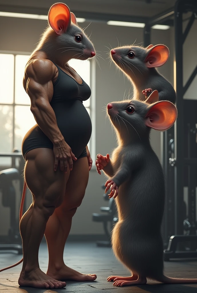 Make a muscular, busty gym rat with a big, toned butt being admired by another slim, little rat with womanly curves. 