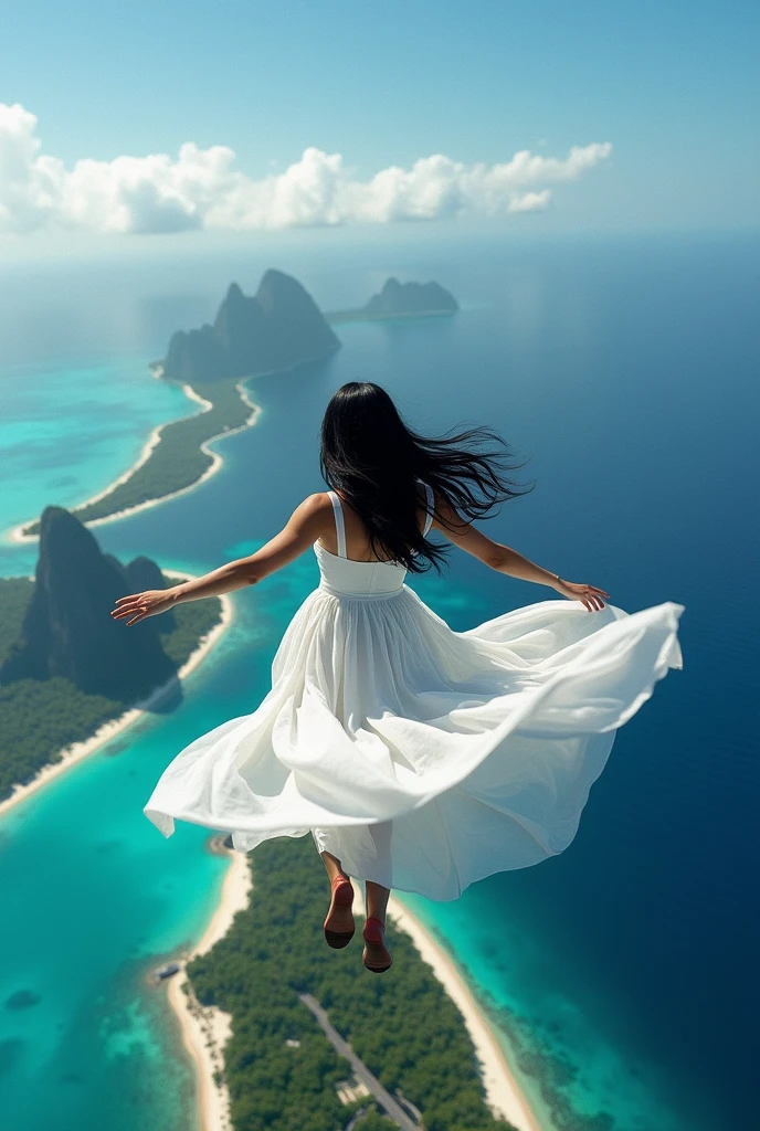 A woman in a white dress skydiving, showing the island below,long black hair, Shooting from behind