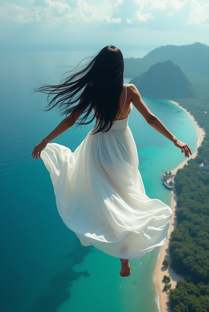 A woman in a white dress skydiving, showing the island below,long black hair, Shooting from behind