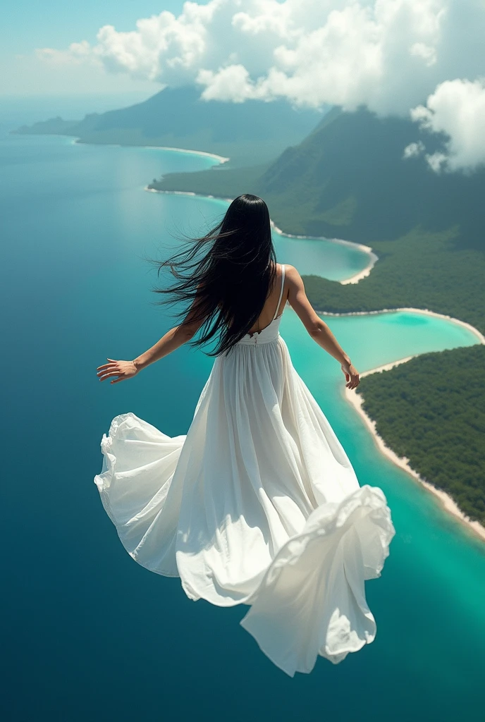 A woman in a white dress skydiving, showing the island below,long black hair, Shooting from behind
