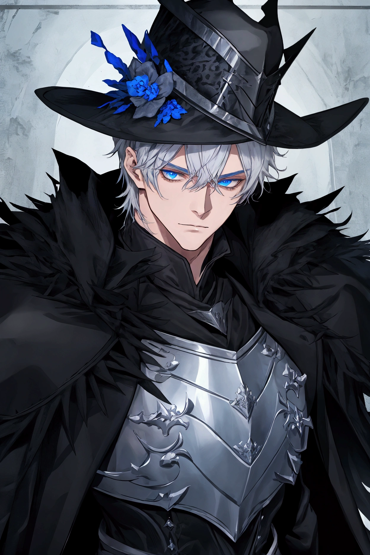 Magic Knight,White Knight ((Male)) One short-haired guy, Wearing heavy black armor((Black Armor)),black top hat,((black long coat)), ((all black)), (blue eyes) , handsome , Facial expressions,Carrying a sword,Black sword handle, black knight armor , black fur shawl(Masterpiece,best quality,special, (Broad shoulders)) (muscle) ,มีblue eyesถือดาบยาว