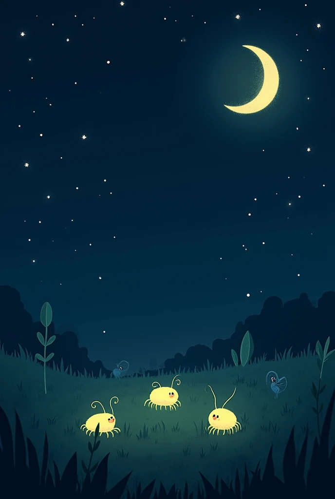 (Stick drawing style):
Under the night sky, a few small insects glowed faintly in the grass,There are a few simple small leaves next to it,Stars。There is a moon and some stars in the sky,The picture is simple but full of childishness。