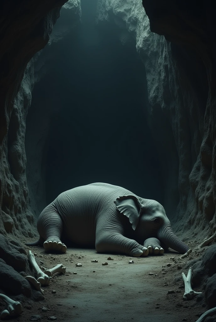 An elephant dead in a cave