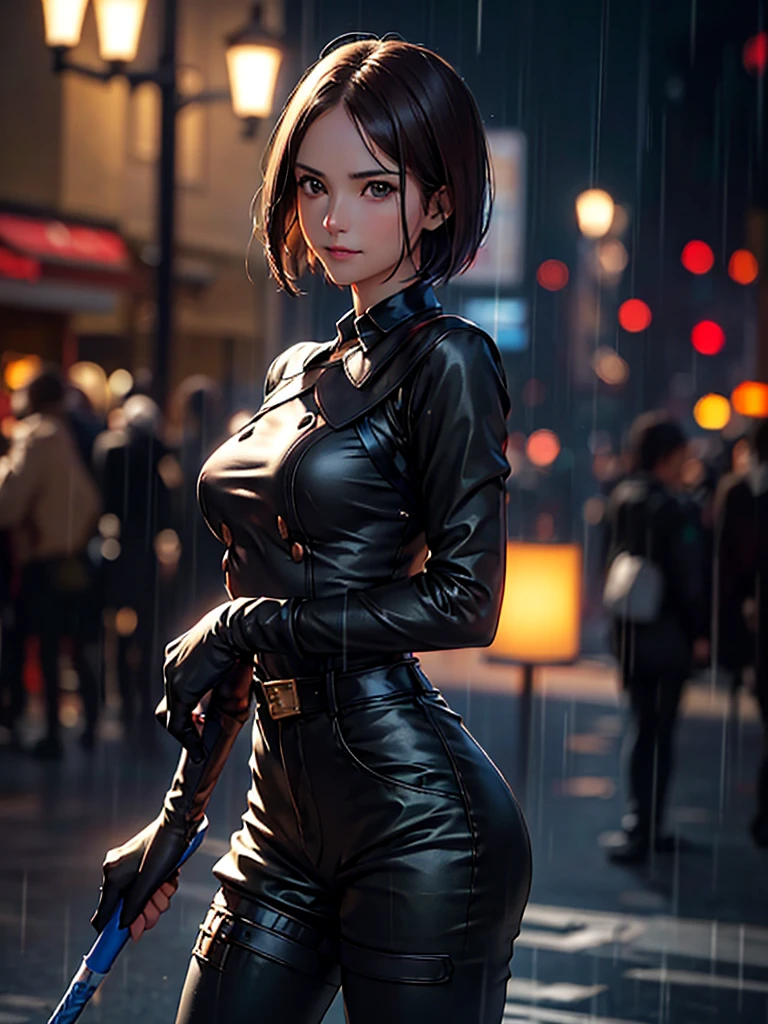 (at night), in a video game scene in the background of a beautiful city at night, raining, alone, standing looking straight ahead, military green clothing, black gloves, semi-short hair, ((semi-short hair )), 1 girl, 30 years old, young woman, perfect hands, Beautiful fingers, Beautiful long legs, Beautiful body, Beautiful nose, Beautiful character design, perfect face, looking straight at the viewer with a serious and very upset gesture, she is holding her hand a whip in his hand in black color (focusing on his face), closed mouth, light_smile, official art, Extremely detailed CG unity 8k wallpaper, Perfect lighting, bright and colorful front lighting, glowing skin (masterpiece: 1.0), (Best_quality: 1.0), ultra high resolution, 4k, ultra detailed photography, 8K, hdr, High resolution, Nonsense:1.2, Kodak portrait 400, film grain, Background blur, bokeh:1.2, Lens flare, (vibrant_color: 1.2), professional photography, (Beautiful, breasts: 1.4), (Beautiful_face: 1.5), (narrow waist),
