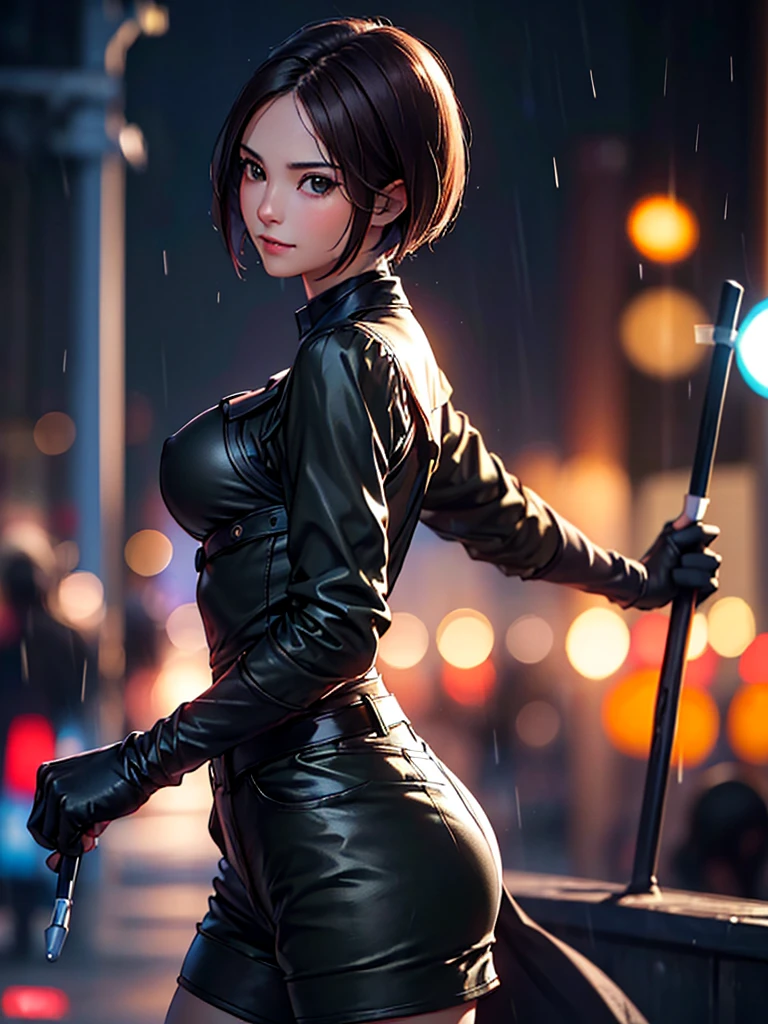 (at night), in a video game scene in the background of a beautiful city at night, raining, alone, standing looking straight ahead, military green clothing, black gloves, semi-short hair, ((semi-short hair )), 1 girl, 30 years old, young woman, perfect hands, Beautiful fingers, Beautiful long legs, Beautiful body, Beautiful nose, Beautiful character design, perfect face, looking straight at the viewer with a serious and very upset gesture, she is holding her hand a whip in his hand in black color (focusing on his face), closed mouth, light_smile, official art, Extremely detailed CG unity 8k wallpaper, Perfect lighting, bright and colorful front lighting, glowing skin (masterpiece: 1.0), (Best_quality: 1.0), ultra high resolution, 4k, ultra detailed photography, 8K, hdr, High resolution, Nonsense:1.2, Kodak portrait 400, film grain, Background blur, bokeh:1.2, Lens flare, (vibrant_color: 1.2), professional photography, (Beautiful, breasts: 1.4), (Beautiful_face: 1.5), (narrow waist),

