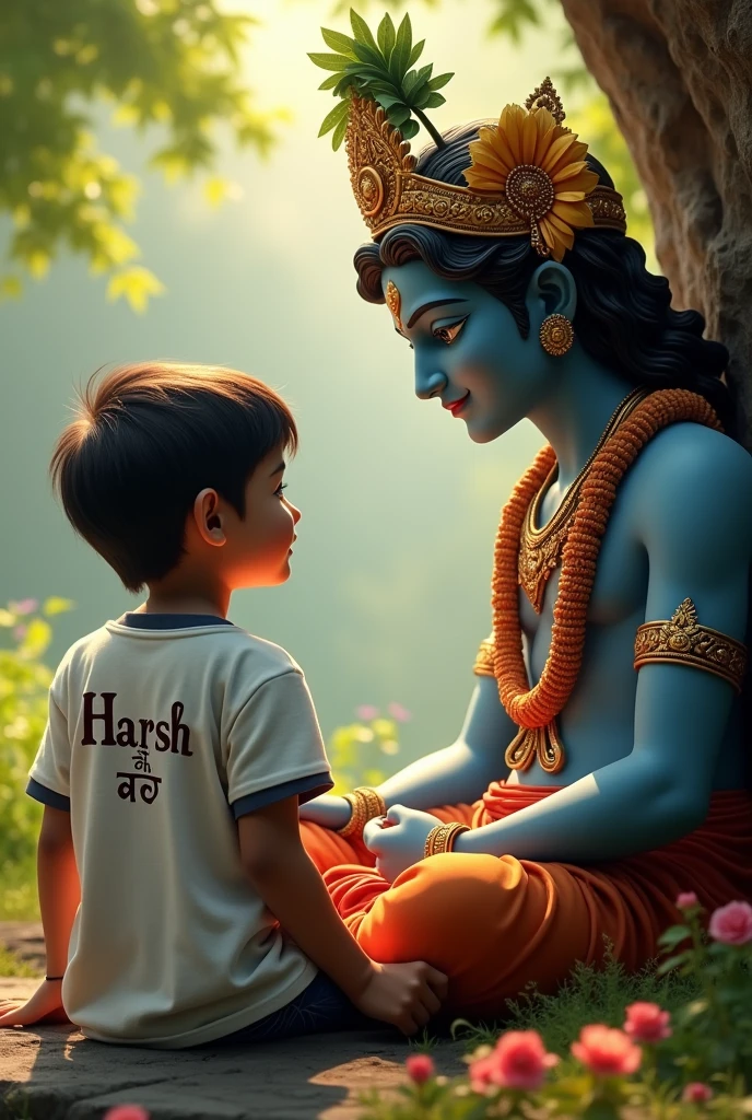 A boy who is wear t shirt with name Harsh he was seat near the god krishna