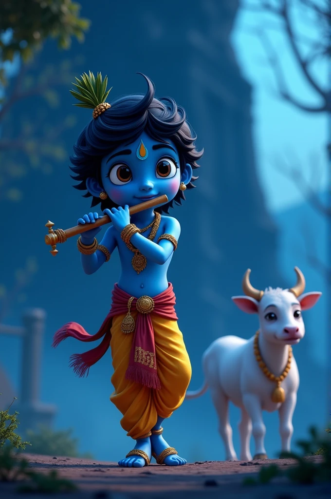 Animated Shree Krishna standing pose with flute & background cow & dark structure blue