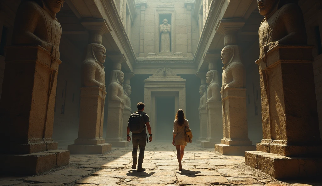 They navigate through the temple, following the map to a large chamber filled with ancient statues and carvings.