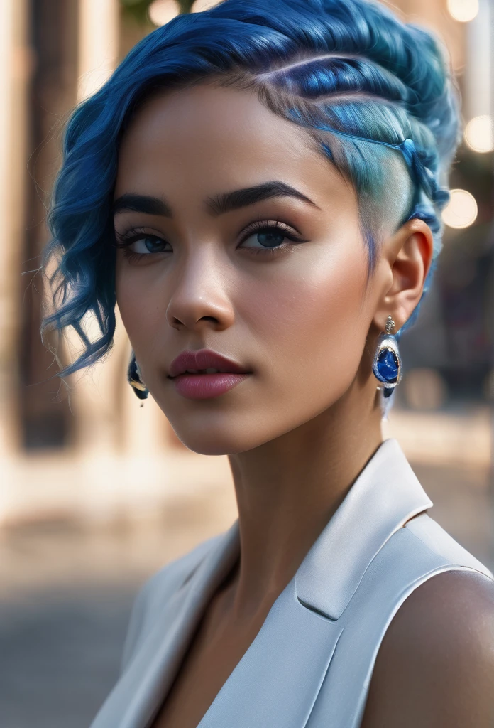(Highest quality,4K,8k,High resolution,masterpiece:1.2),Very detailed,(Realistic,photoRealistic,photo-Realistic:1.37),Beautiful mixed race woman,Side view,Very detailed顔,Blue Hair,blue eyes,look up,Portraiture,Cinema Lighting,Dramatic Shadows,Natural Skin Tone,Perfect Skin,High Fashion,elegant,Calm expression