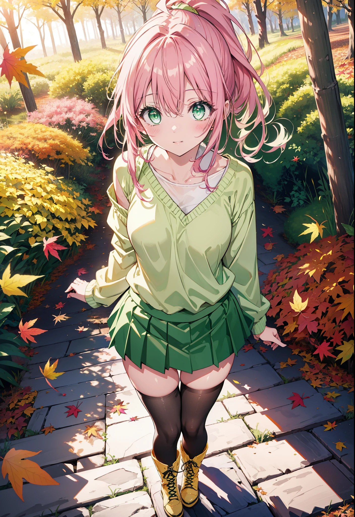 Laladevi Luke, Lara Deviluke, Long Hair, Pink Hair, tail, Ahoge, bangs, hair ornaments, (Green Eyes:1.5), smile,Open your mouth,ponytail,Open your mouth,blush,
break demon tail, One-shoulder sweater,mini skirt,black tights, short boots,Walking,autumn leaves,autumn leavesが散っている,autumn leavesが積もっている,Daytime,Clear skies,whole bodyがイラストに入るように,
break outdoors, forest,
break looking at viewer, whole body,
break (masterpiece:1.2), Highest quality, High resolution, unity 8k wallpaper, (figure:0.8), (beautiful detailed eyes:1.6), extremely detailed face, Perfect lighting, extremely detailed CG, (Perfect hands, Perfect Anatomy),