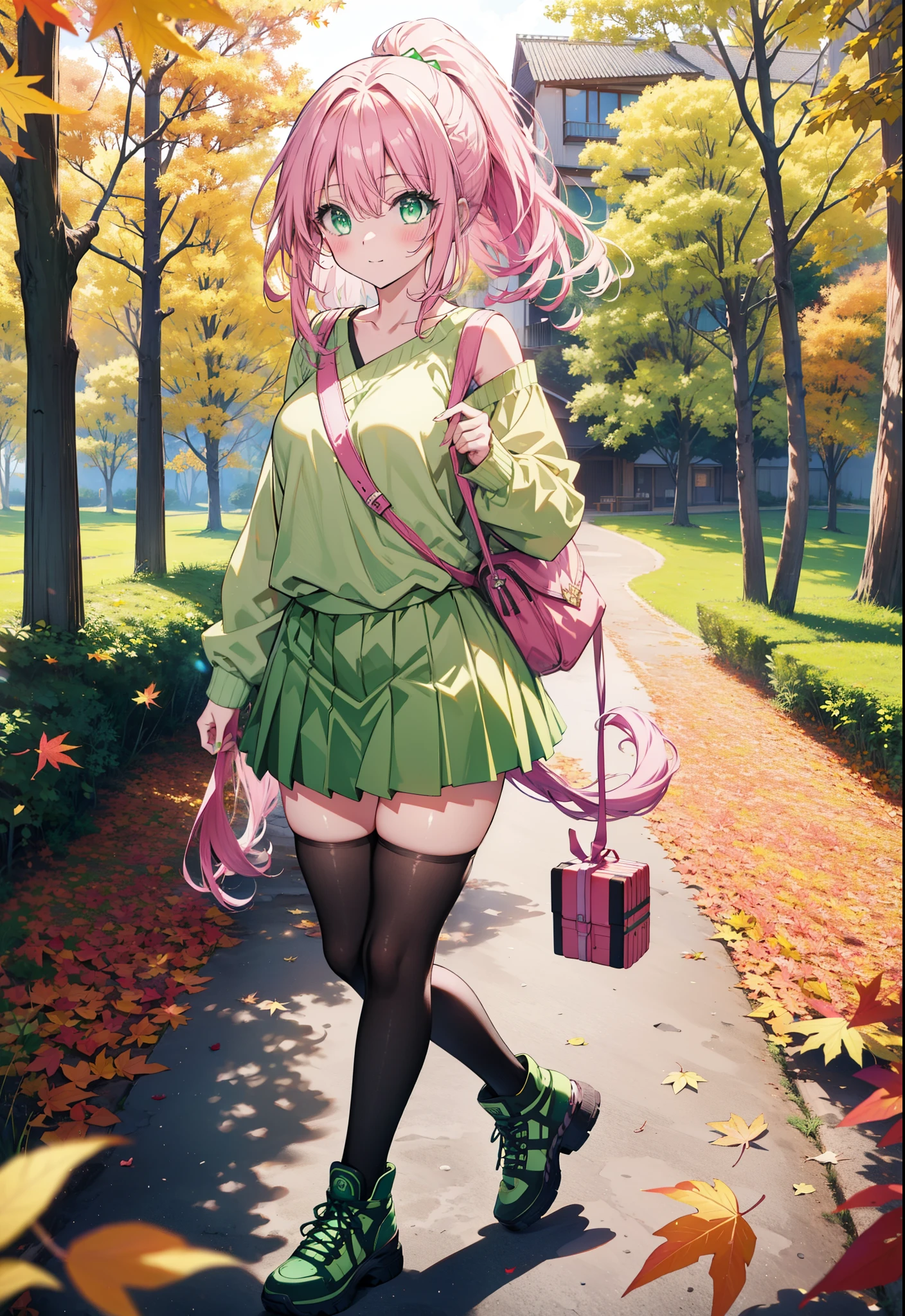 Laladevi Luke, Lara Deviluke, Long Hair, Pink Hair, tail, Ahoge, bangs, hair ornaments, (Green Eyes:1.5), smile,Open your mouth,ponytail,Open your mouth,blush,
break demon tail, One-shoulder sweater,mini skirt,black tights, short boots,Walking,autumn leaves,autumn leavesが散っている,autumn leavesが積もっている,Daytime,Clear skies,whole bodyがイラストに入るように,
break outdoors, forest,
break looking at viewer, whole body,
break (masterpiece:1.2), Highest quality, High resolution, unity 8k wallpaper, (figure:0.8), (beautiful detailed eyes:1.6), extremely detailed face, Perfect lighting, extremely detailed CG, (Perfect hands, Perfect Anatomy),
