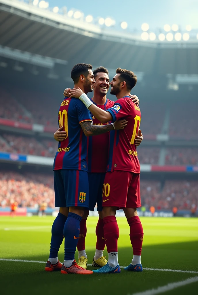 Cristiano Ronaldo hugging Lionel Messi and neymar
