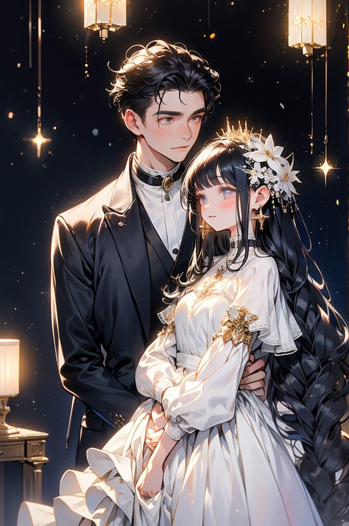A young man and a young woman are in a grand and noble setting, with high ceilings adorned with constellations. The young woman has hair resembling crystal clear rivers and delicate, almost transparent skin. The young man, with black hair, stands close to her as she gently approaches him. The scene is filled with a sense of tenderness and emotion, set against the backdrop of a majestic and ethereal environment.