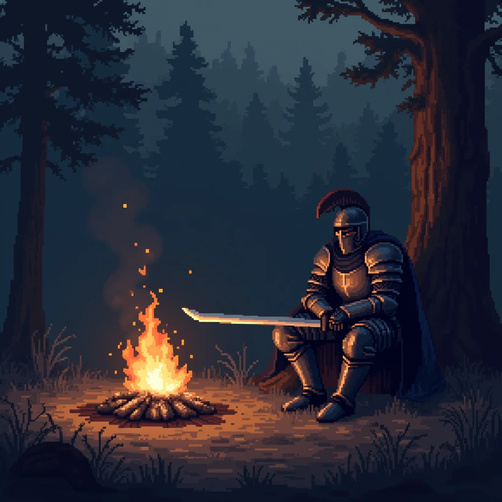 Very early in the morning, a knight in dark medium-heavy armor and a helmet with a long sword in both hands sits by a fire in pixel art