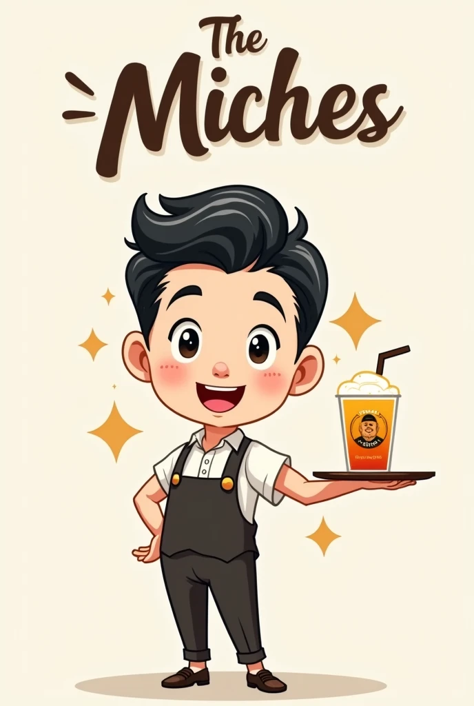 Create me a mascot logo where the mascot is a handsome black-haired boy serving a drink and above it has the letters "THE MICHES"