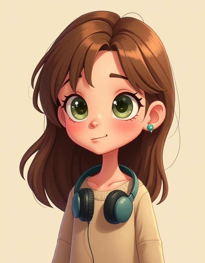 Give me a cartoon character of a woman with brown hair, green eyes and headphones, that she looks shy