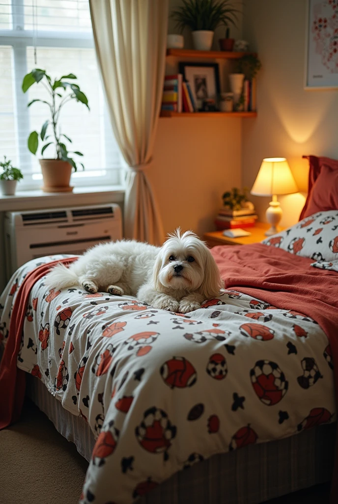 Example of a mattress that uses bed sheets and a bedcover football, plus there is Air Conditioner and next to it there is iPhone 14 Pro Max and under the mattress there is a lamp beside the mattress there is a Maltese dog