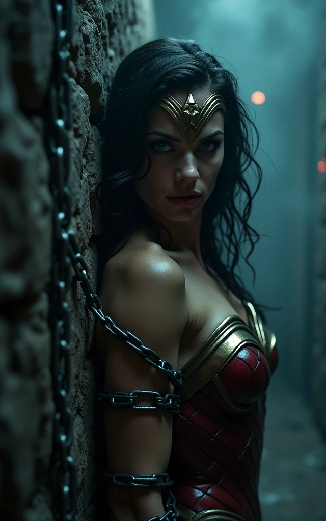 Wonder Woman struggling and chained inside a small glass box, handcuff:1.2, tied, bound, (Restrained), BDSM, wet body, (inside a small glass box), (surrounded by man watching her from outside a small glass:1.2), (angle from side:1.2)