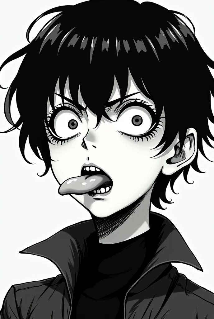 Black and white manga boy with white tongue and eyes