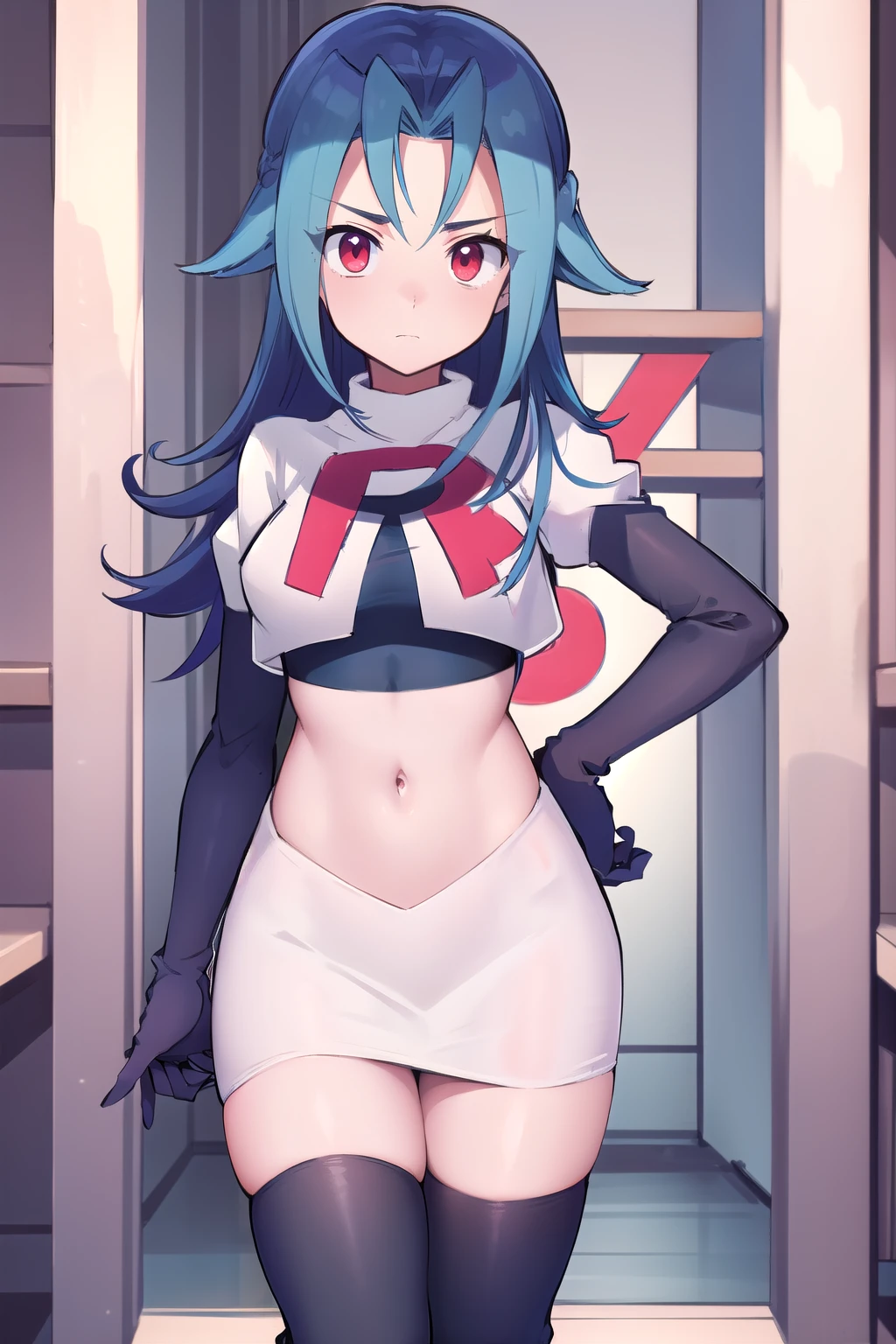 masterpiece, best quality, highres, kr1, multicolored hair, dyed bangs, team rocket,team rocket uniform,white skirt,red letter R,crop top,black thigh-highs,black elbow gloves, cowboy shot, 