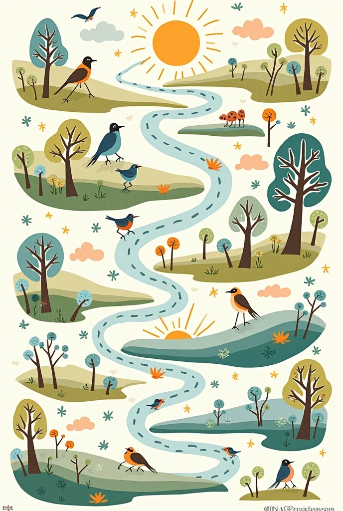 (Stick drawing style):
The picture shows the early morning、daytime、Nature scenes at dusk and night,Elements such as the sun、Birdie、Trees、The moon and other places merge into one,Forming a complete natural picture。