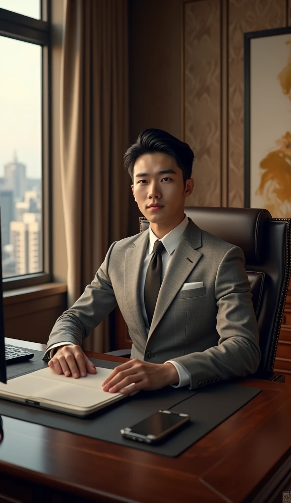 Image of a young black-haired Korean man in a very elegant suit. Inside a luxurious office sitting at a desk with a luxurious computer 