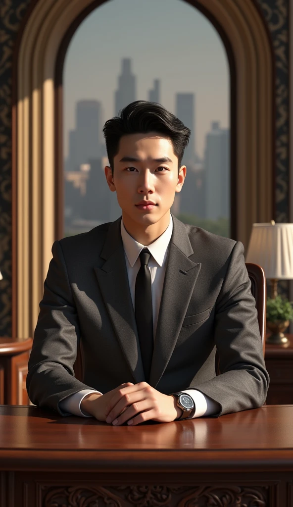 Image of a young black-haired Korean man in a very elegant suit. Inside a luxurious office sitting at a desk with a luxurious computer