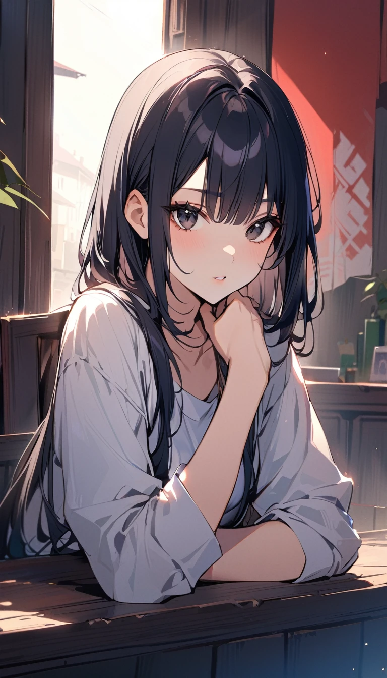 1woman, solo, medium straight hair, black Hair, black eyes,　メンヘラ