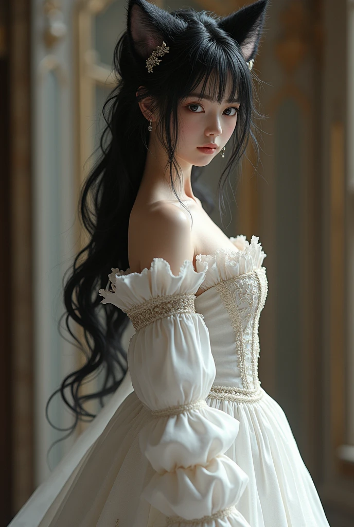 beautiful girl, 19 years, Skinny body, black fur, sexy, wearing a sexy white medieval dress, shy face,