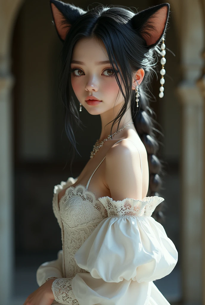 beautiful girl, 19 years, Skinny body, black fur, sexy, wearing a sexy white medieval dress, shy face,