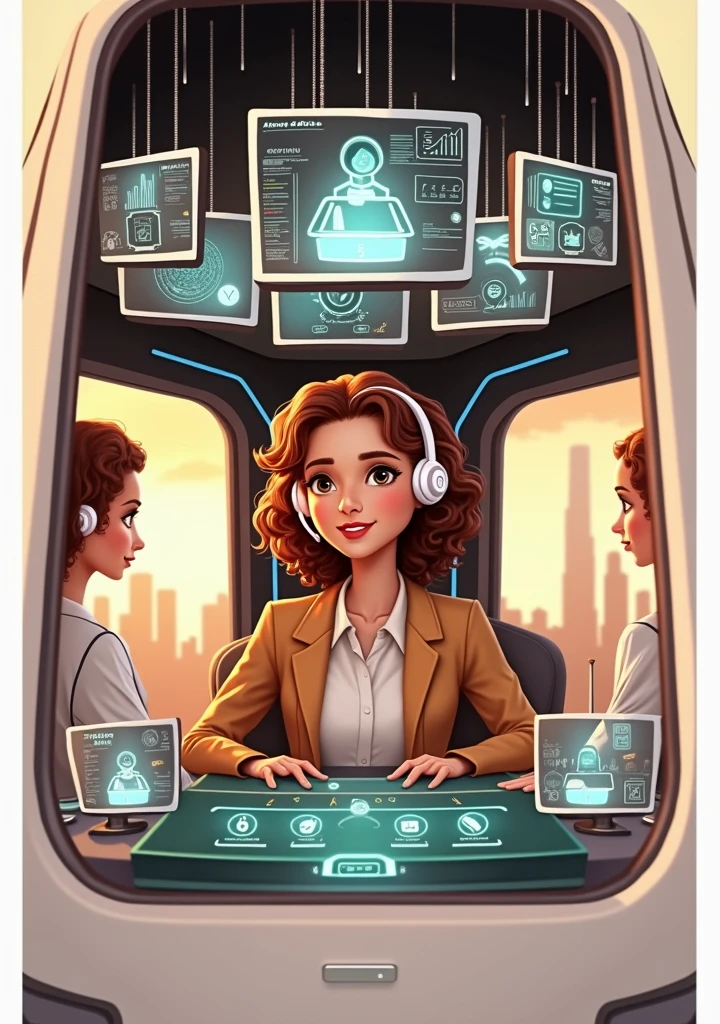 Create an image of a young woman resembling Andy Allo, working as a customer service representative in a futuristic setting. She has medium-length, curly hair with a golden brown hue and a warm skin tone. She is wearing a casual yet professional outfit, like a fitted jacket over a simple blouse. The setting around her is a high-tech office space with holographic screens and digital interfaces floating around her. She is seated at a sleek desk with a headset on, and her expression is focused yet approachable, capturing the charm and elegance similar to Andy Allo. The background features large windows showing a cityscape with tall buildings and a bright, clear sky.