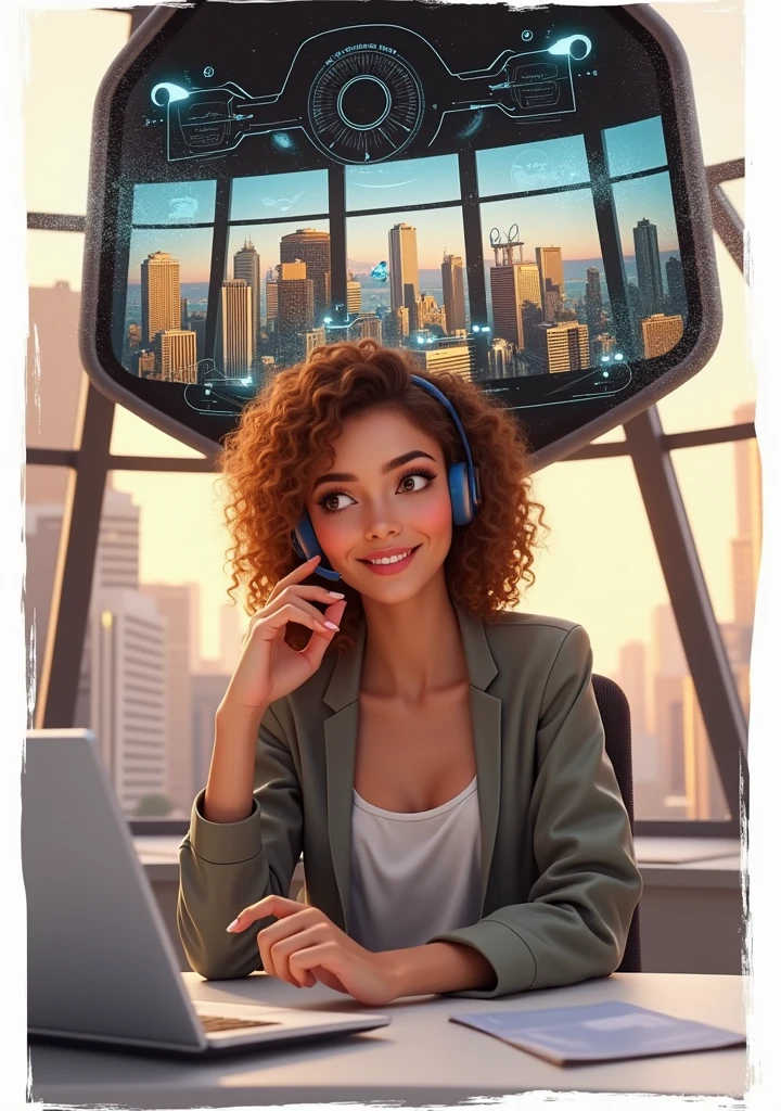 Create an image of a young woman resembling Andy Allo, working as a customer service representative in a futuristic setting. She has medium-length, curly hair with a golden brown hue and a warm skin tone. She is wearing a casual yet professional outfit, like a fitted jacket over a simple blouse. The setting around her is a high-tech office space with holographic screens and digital interfaces floating around her. She is seated at a sleek desk with a headset on, and her expression is focused yet approachable, capturing the charm and elegance similar to Andy Allo. The background features large windows showing a cityscape with tall buildings and a bright, clear sky.