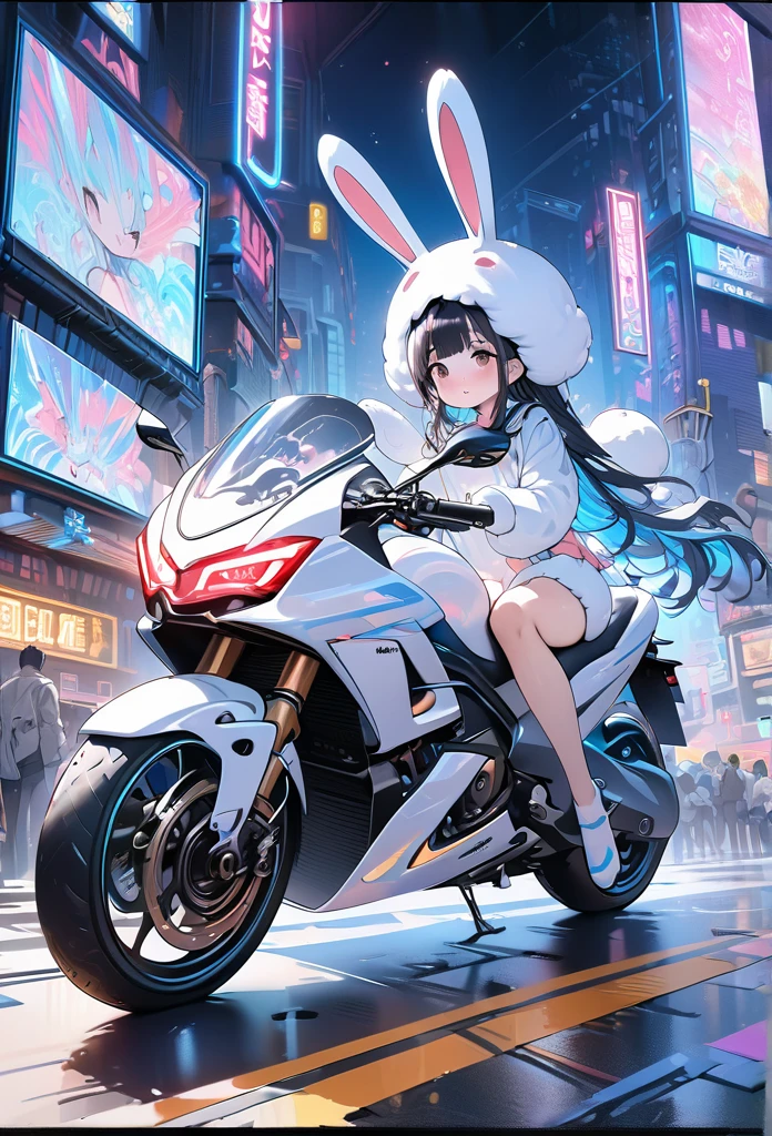 a liquid girl with twin-tailed hair wearing a cute fluffy rabbit costume, riding a large 1300cc class white motorcycle with american-style cowls on a night city road, surrounded by flowing neon lights, Cute pop expression, high resolution,High resolution,  clear images,(highly detailed, 4k, 8k, ultra-detailed:1.5), cinema lighting, physics-based, super fine view, masterpiece、High quality, high definition, high precision images,Ultra-fine painting, vivid colors,CG concept art, digital painting,