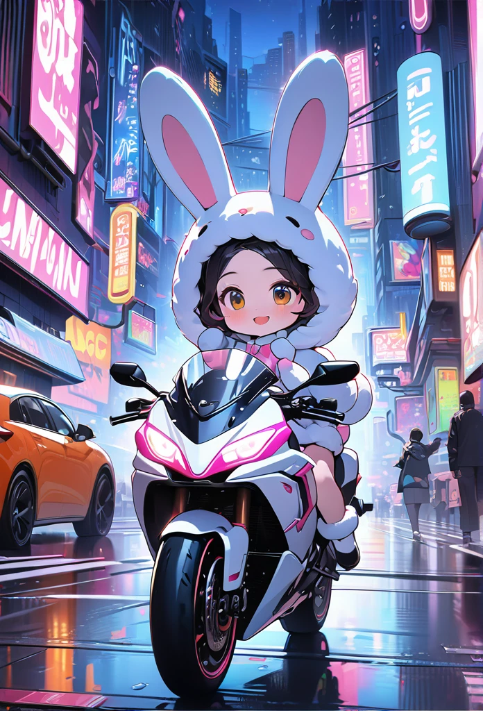 a liquid girl with twin-tailed hair wearing a cute fluffy rabbit costume, riding a large 1300cc class white motorcycle with american-style cowls on a night city road, surrounded by flowing neon lights, Cute pop expression, high resolution,High resolution,  clear images,(highly detailed, 4k, 8k, ultra-detailed:1.5), cinema lighting, physics-based, super fine view, masterpiece、High quality, high definition, high precision images,Ultra-fine painting, vivid colors,CG concept art, digital painting,