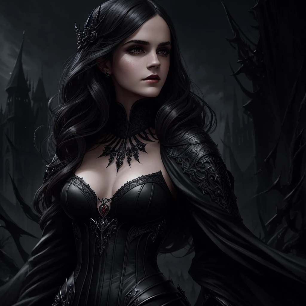 Noir painting of a beautiful Gothic queen emma watson in a tight black leather dress, fair skin, long black hair, shiny hair, dark red lips, dark fantasy style art, gothic fantasy art, dark fantasy art, dark fantasy portrait, in style of Greg rutkowski, dark fantasy mixed with realism, beautiful queen, gothic maiden of the dark, fantasy dark art, dark fantasy style, dark fantasy digital art, beautiful elegant queen, Artgerm, hyperdetailed intricately detailed gothic art trending on artstation triadic colors, 8K Resolution