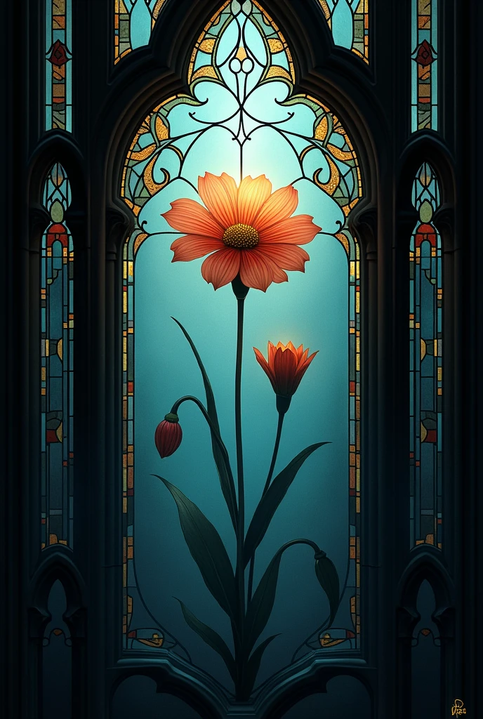 A flower in a gothic style stained glass painting (simple)