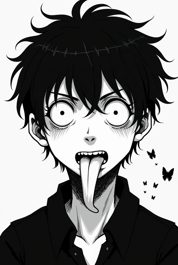 Black and white manga boy with white tongue and eyes